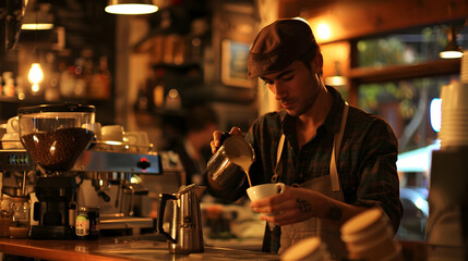 Fototapeta premium A barista in a trendy coffee shop in Melbourne, skillfully pouring latte art into a cup, surrounded by coffee machines, pastries, and warm, inviting lighting