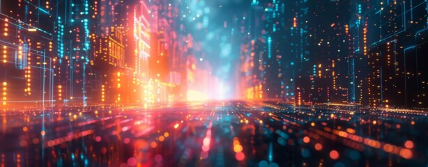 Fototapeta premium light trail limitless perspective with bokeh glow shimmering futuristic abstract background, sci-fi cyberspace futurism technology trendy background
