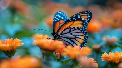 A butterfly perches on a bright orange flower. 