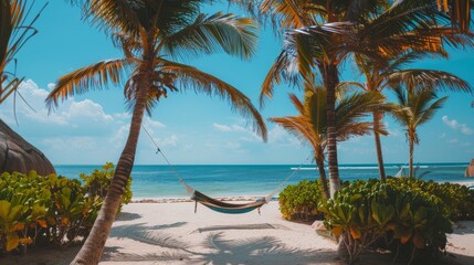 A tranquil beach landscape featuring a hammock suspended between palm trees under a clear blue sky