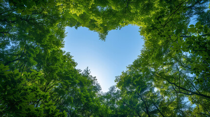 Peaceful scenery of heart-shaped foliage framed against a clear blue sky seen from the forest floor