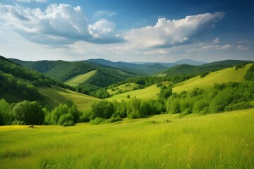 Fototapeta premium Breathtaking Summer landscape hills view. Hill field. Generate Ai