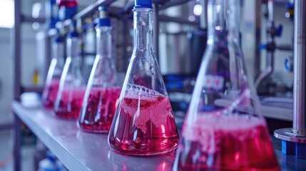 A glass flask containing a pink liquid. The flask is sitting on a lab table. There are other flasks in the background.