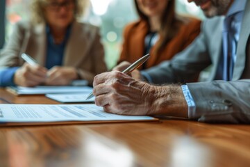 Group working: sitting, papers, pen