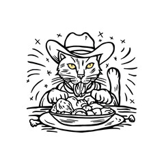 The cowboy cat is drawn in black line on a white background.