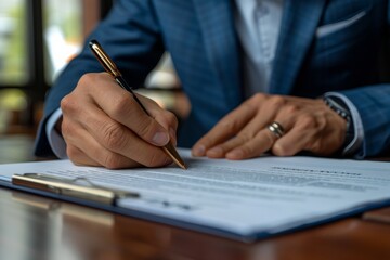 Person signing paper with pen and ring