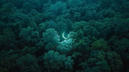 neon crescent illuminating the dense forest below of vivid jade and iridescent teal