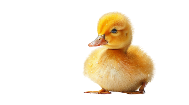 A close-up image of a single yellow duckling sitting on a white background
