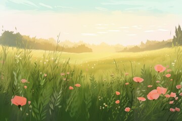 Tranquil Summer meadow. Spring plant lawn. Generate Ai