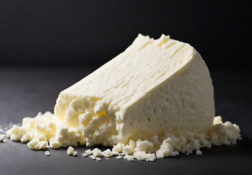 Closeup of slice cottage cheese or panner on a black plain with copy space