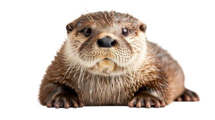 Close-up portrait of a wet otter looking directly at the camera