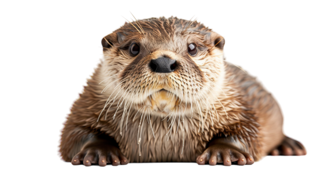 Close-up portrait of a wet otter looking directly at the camera