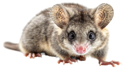 A small opossum with large ears and big eyes stares at the camera