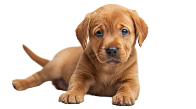 A cute fox red labrador puppy lying on a white background