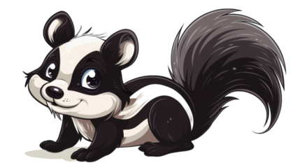 Cute cartoon skunk with big, expressive eyes, sitting on a white background