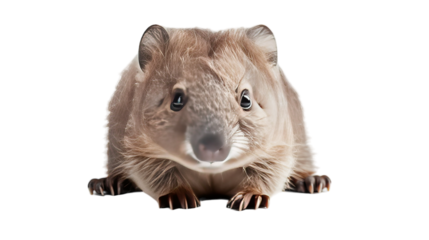 A brown rock hyrax with large ears stares directly at the camera