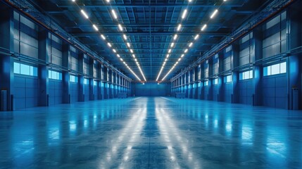 a large blue warehouse interior with a high ceiling and bright lights. 