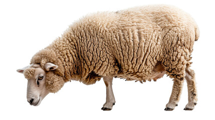 A single sheep stands on a white background