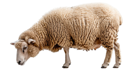 A single sheep stands on a white background