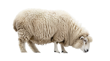 A white sheep grazes on a white background
