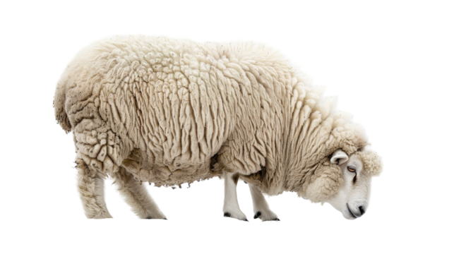 A white sheep grazes on a white background