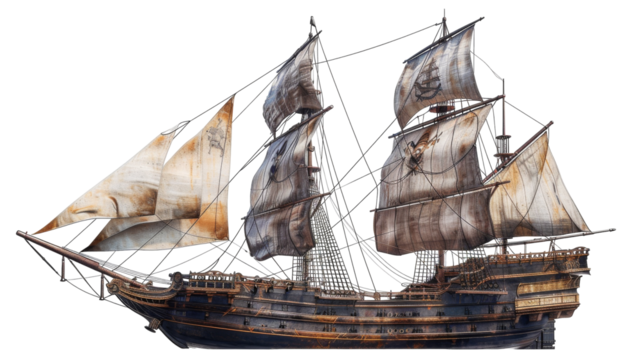 A close-up of a detailed wooden model ship with sails