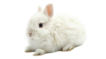 A small white rabbit sits on a white background