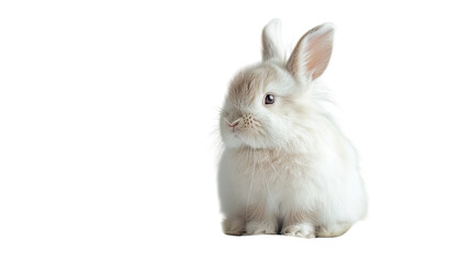 A white rabbit sits on a white background