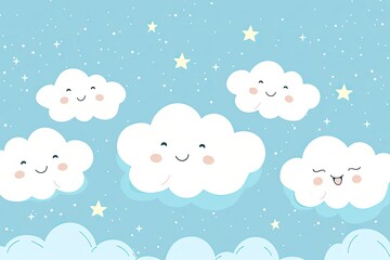 Minimalist design featuring smiling cloud shapes in a light blue sky with a few scattered stars