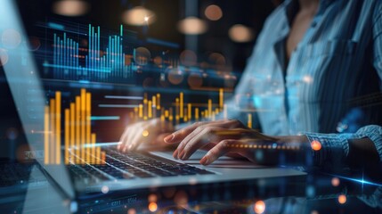 Corporate employee typing data on financial report, planning business development with economy graphs.