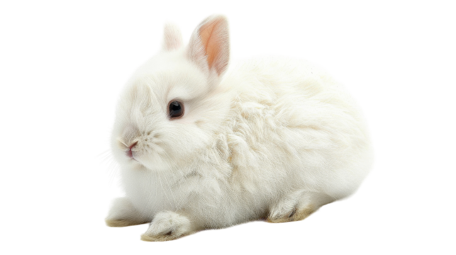 A small white rabbit sits on a white background