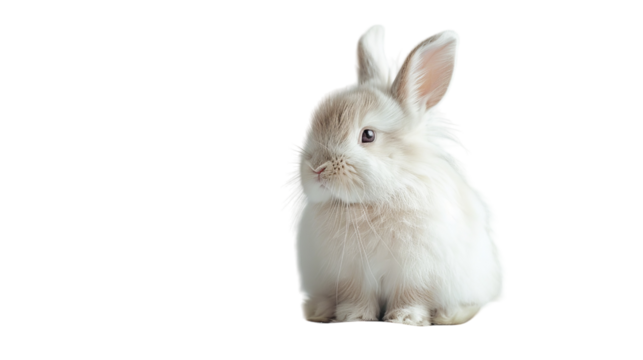 A white rabbit sits on a white background