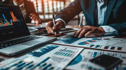 Fototapeta premium Business professionals analyzing financial data, pointing at detailed graphs and charts on laptops and documents