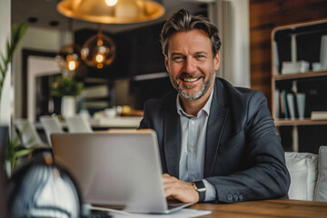 Fototapeta premium old mature businessman sitting and using a laptop, ceo, manager, director, chief working on computer at home office, smiling