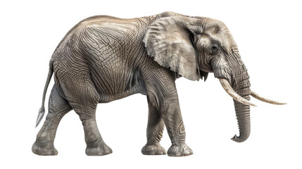 Obraz premium A large African elephant walks forward on a white background