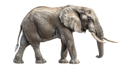 A large African elephant walks forward on a white background