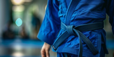A man in a blue martial arts uniform with a white belt. - Powered by Adobe