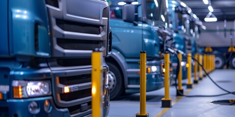Fototapeta premium A row of blue semi trucks in a large modern warehouse
