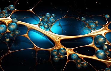 Abstract Art with Blue Spheres and Gold Network - Science Illustration for Modern Decor and Design