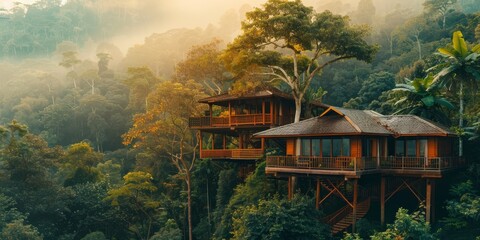 Amazing view of treehouse nestled in lush green rainforest with morning mist