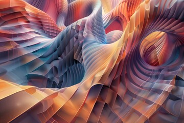 An intricate 3D abstract composition with a kaleidoscope of colors and textures. Fluid, multicolor waves flow seamlessly into geometric patterns.