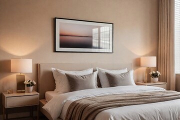 Contemporary bedroom with beige color tone and a minimal painting frame, smooth color tone with comfortable and relax feeling.