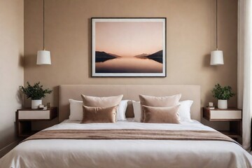 Contemporary bedroom with beige color tone and a minimal painting frame, smooth color tone with comfortable and relax feeling.