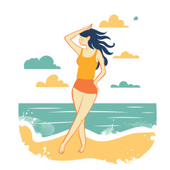 Woman standing beach looking away, hand forehead, hair blowing, casual summer attire. Young female dark hair enjoying seaside, waves sun, relaxed pose. Illustration carefree beachgoer coastal