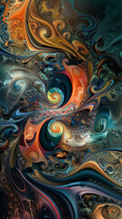 An abstract digital art piece with swirling, colorful shapes