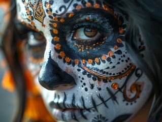 Transformation and Honor: Woman Applying Intricate Skeleton Makeup for Day of the Dead Celebration