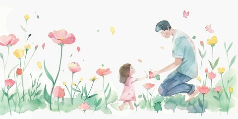 Father's Day. Dad and daughter in the meadow.