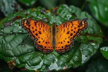 Obraz premium Butterfly perched leaf wet weather