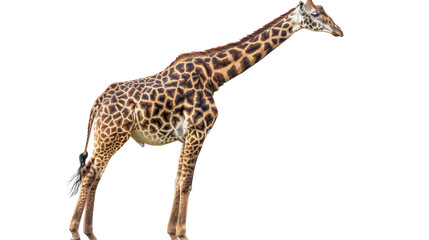 Naklejka premium A giraffe stands alone against a white backdrop