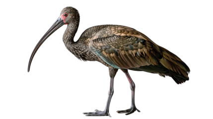 A brown ibis bird stands on a white background